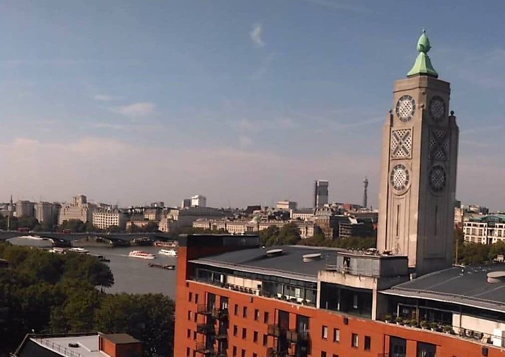 The London skyline seen from the South Bank, with the Oxo Tower in the foreground and the river beyond.
