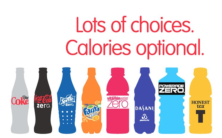 A line-up of zero and low calorie soft drinks under the line Lots of choices, calories optional.