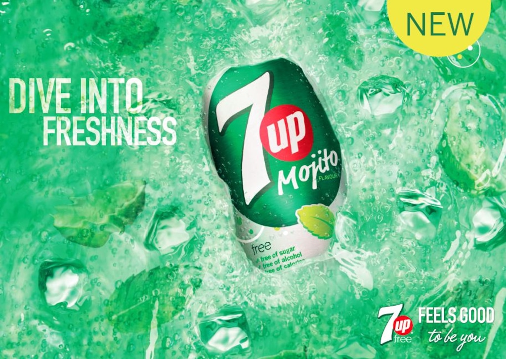 A 7UP Free Mojito can on crushed ice under a Dive into Freshness headline.