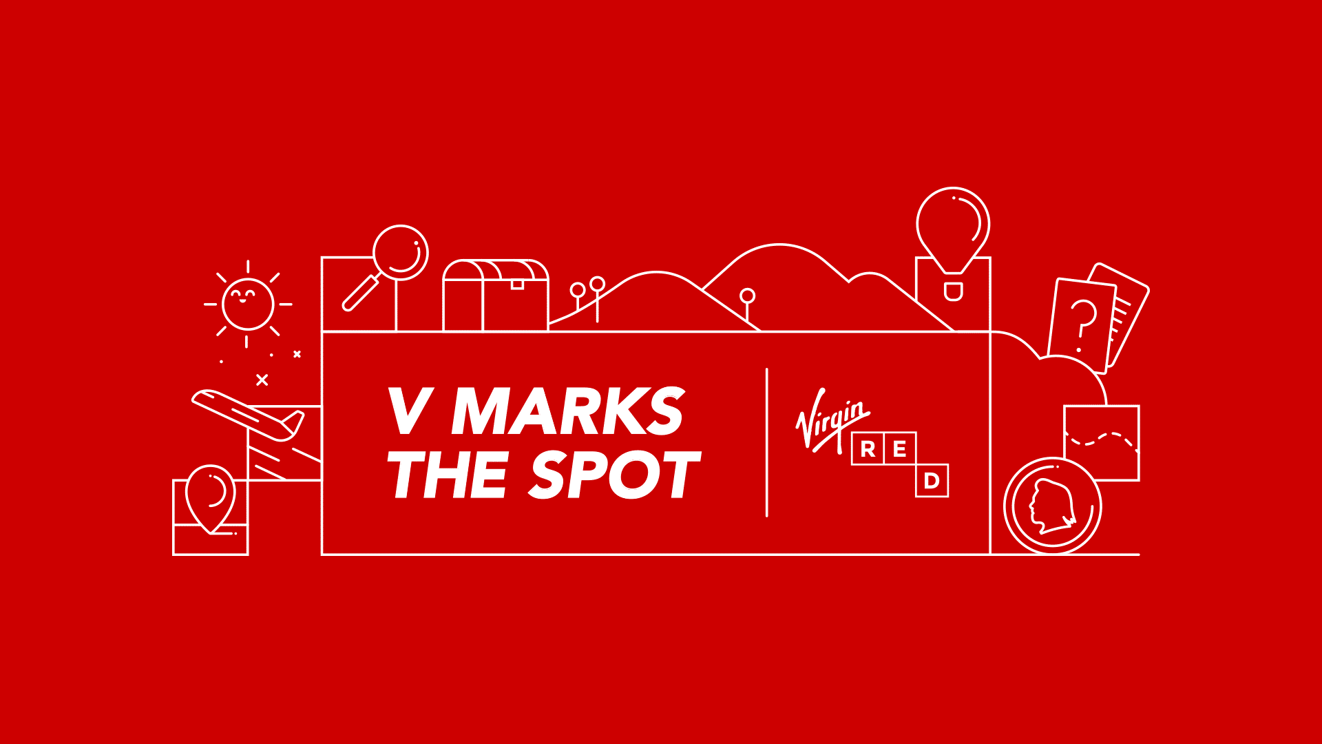 Virgin Red's V Marks the Spot loyalty graphic, a white line-drawn treasure map on the Virgin red background.