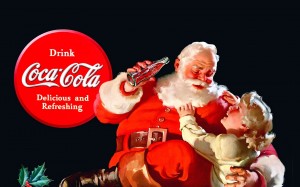 A vintage Coca-Cola advertisement of Santa Claus handing a bottle to a child.