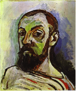 Henri Matisse's self-portrait, painted in loose green, violet and ochre strokes.