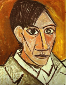 Pablo Picasso's self-portrait, painted in flattened planes of ochre and cream.