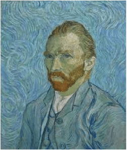 Vincent van Gogh's self-portrait, painted in swirling blue brushstrokes.
