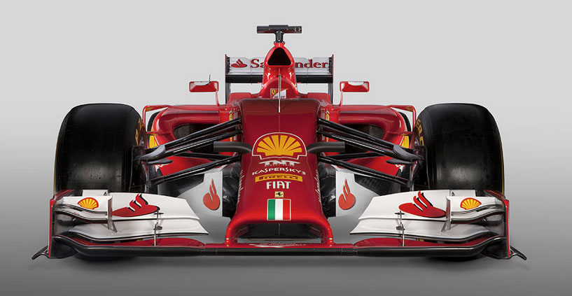 A Scuderia Ferrari Formula One car in Santander livery, photographed from the front.