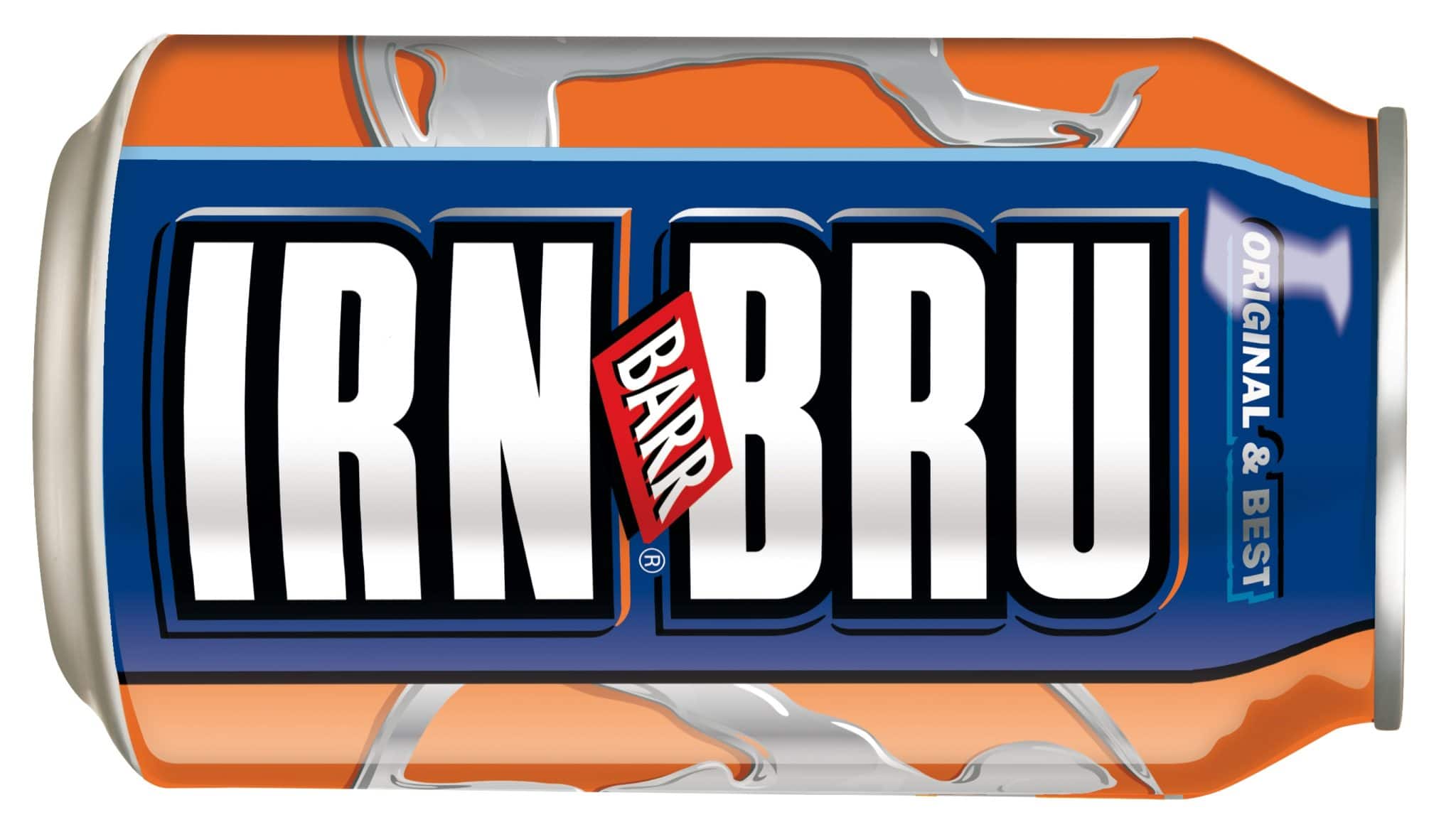 An Irn-Bru can in the brand's orange and blue livery, an enduring Scottish soft drink.