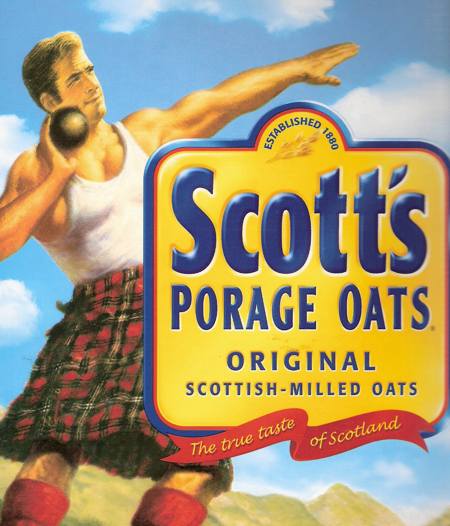The Scott's Porage Oats pack, with its kilted hammer thrower illustration and Scottish-milled claim.