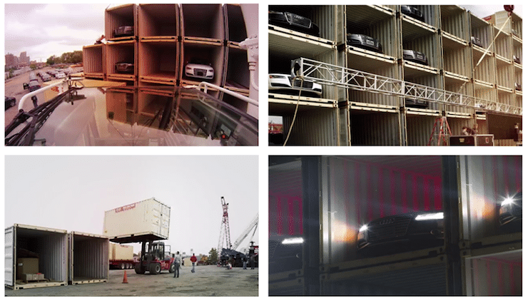 Construction of the Audi floating scoreboard from stacked shipping containers on a barge.