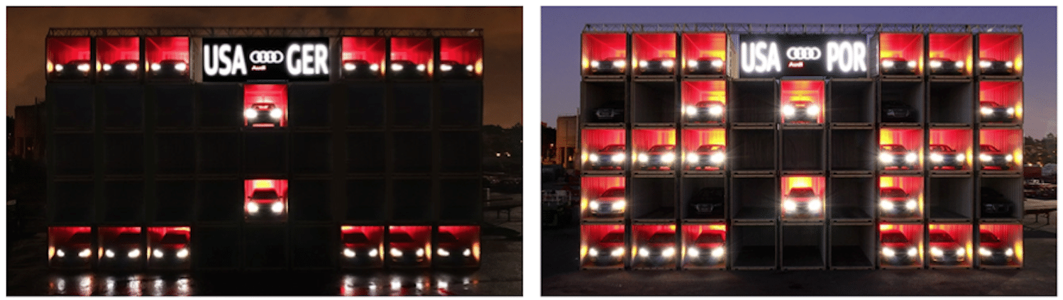 The Audi floating scoreboard displaying USA against Germany and USA against Portugal results.