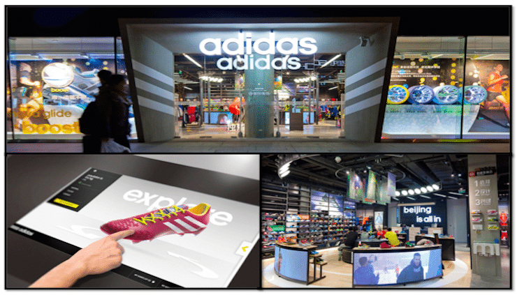 Adidas retail concepts including a store frontage, an interactive touch table and a Beijing flagship.