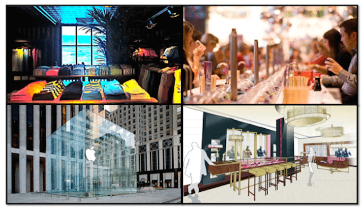 Retail concept boards showing digital display walls, an Apple glass cube and a bar interior.