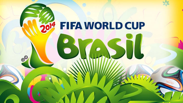Official 2014 FIFA World Cup Brasil graphic with the tournament logo, tropical foliage and match balls.