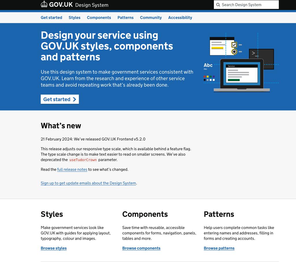 GOV.UK Design System showing consistent digital components, typography and service design.