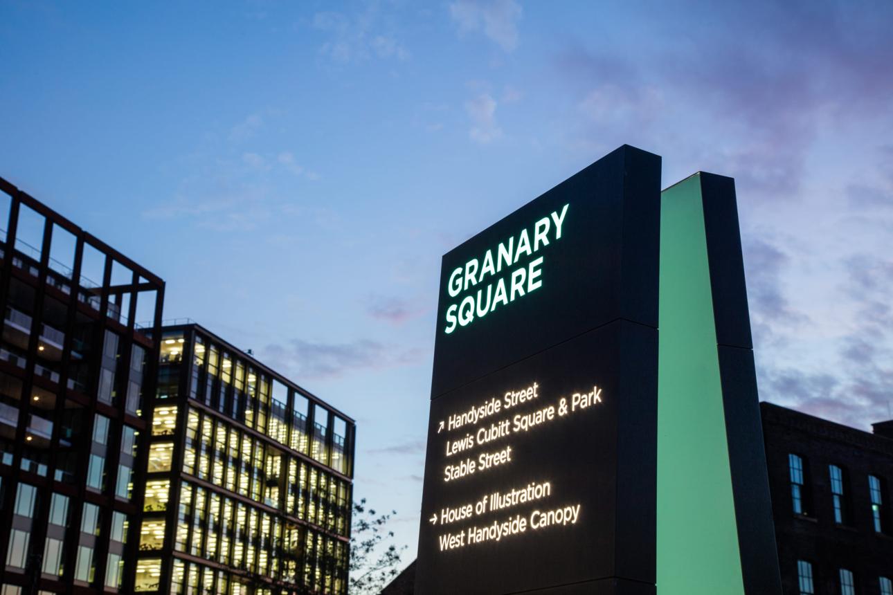 King’s Cross signage and wayfinding demonstrating environmental brand identity within a major London development.