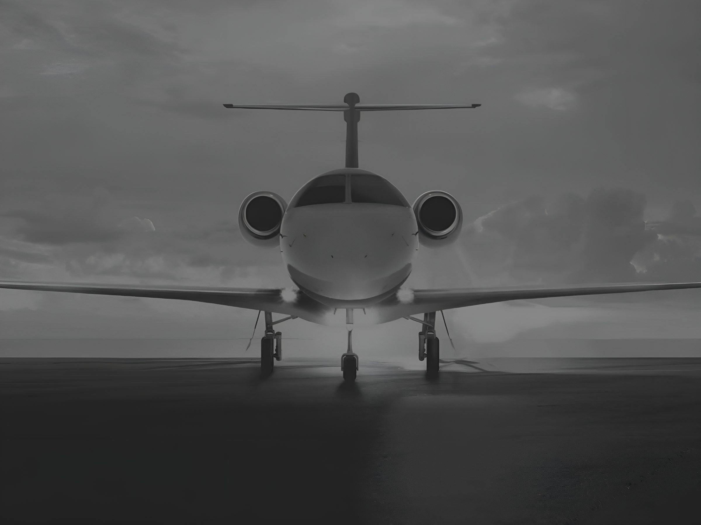A NASJET business jet head-on on the apron beneath an overcast sky | Private Aviation Brand Identity, NASJET