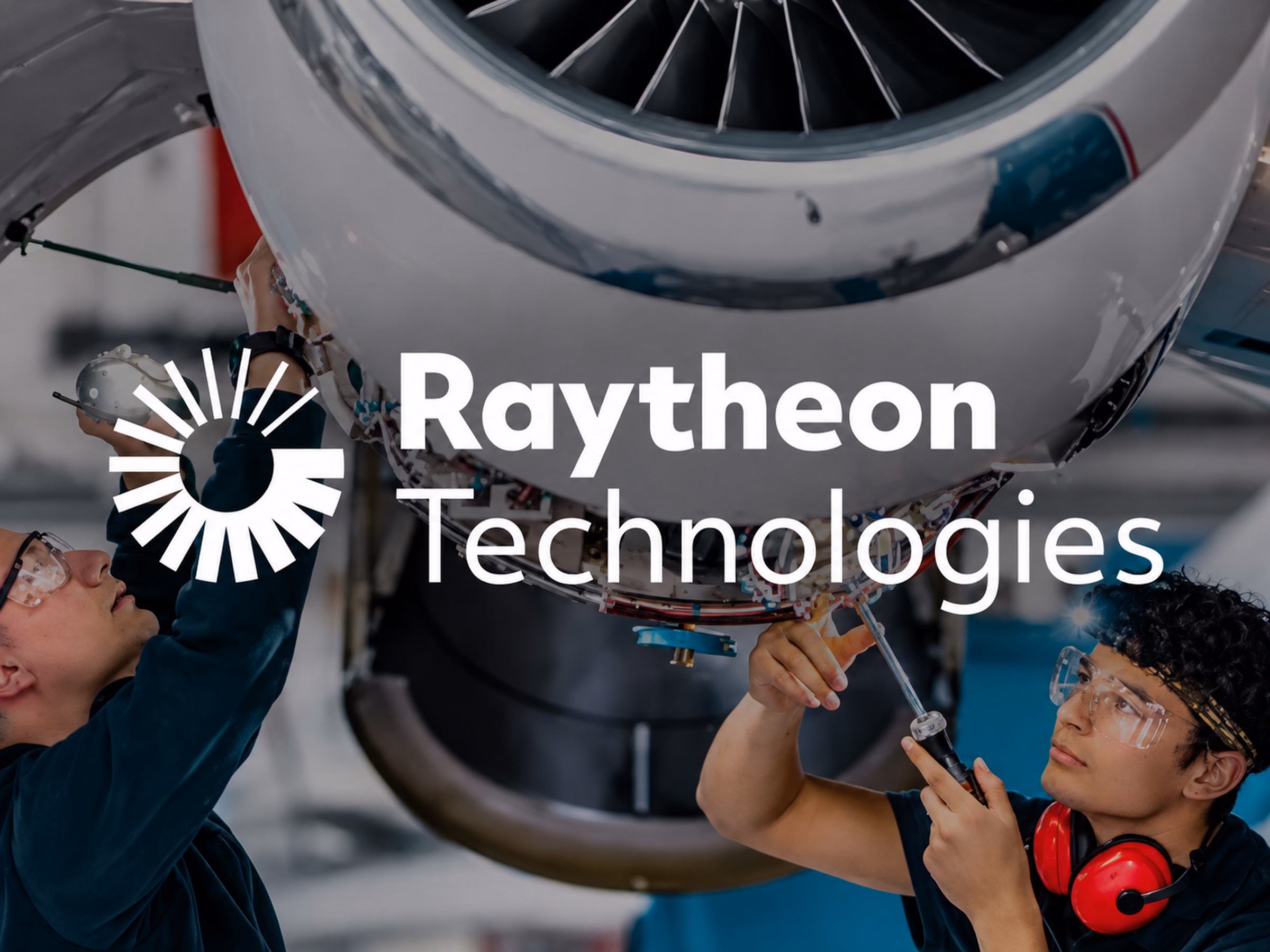 Raytheon Technologies logo over engineers servicing a jet engine | Global Brand Architecture and Naming Strategy, RTX