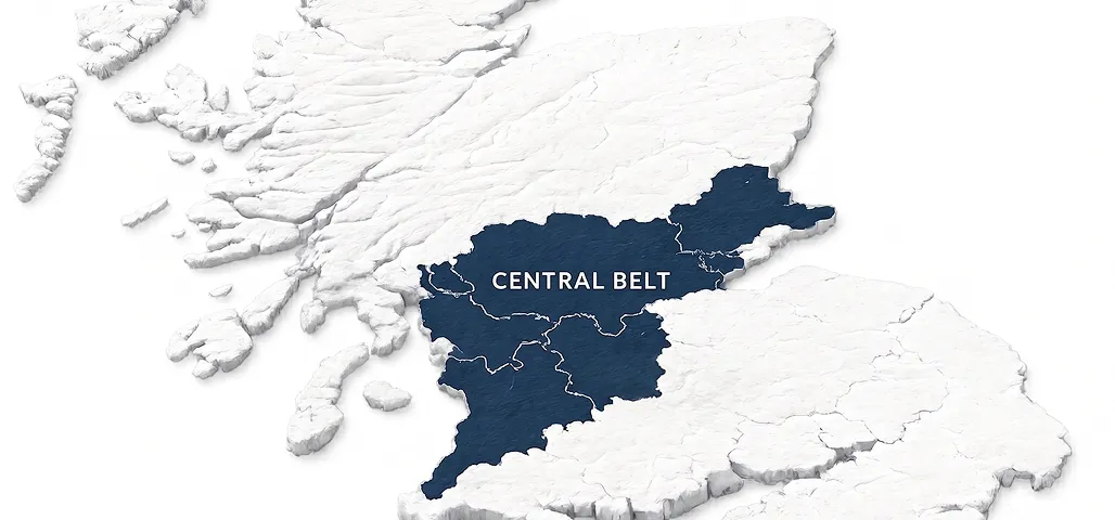 3D map of Scotland highlighting the Central Belt region in dark blue with white boundary lines.