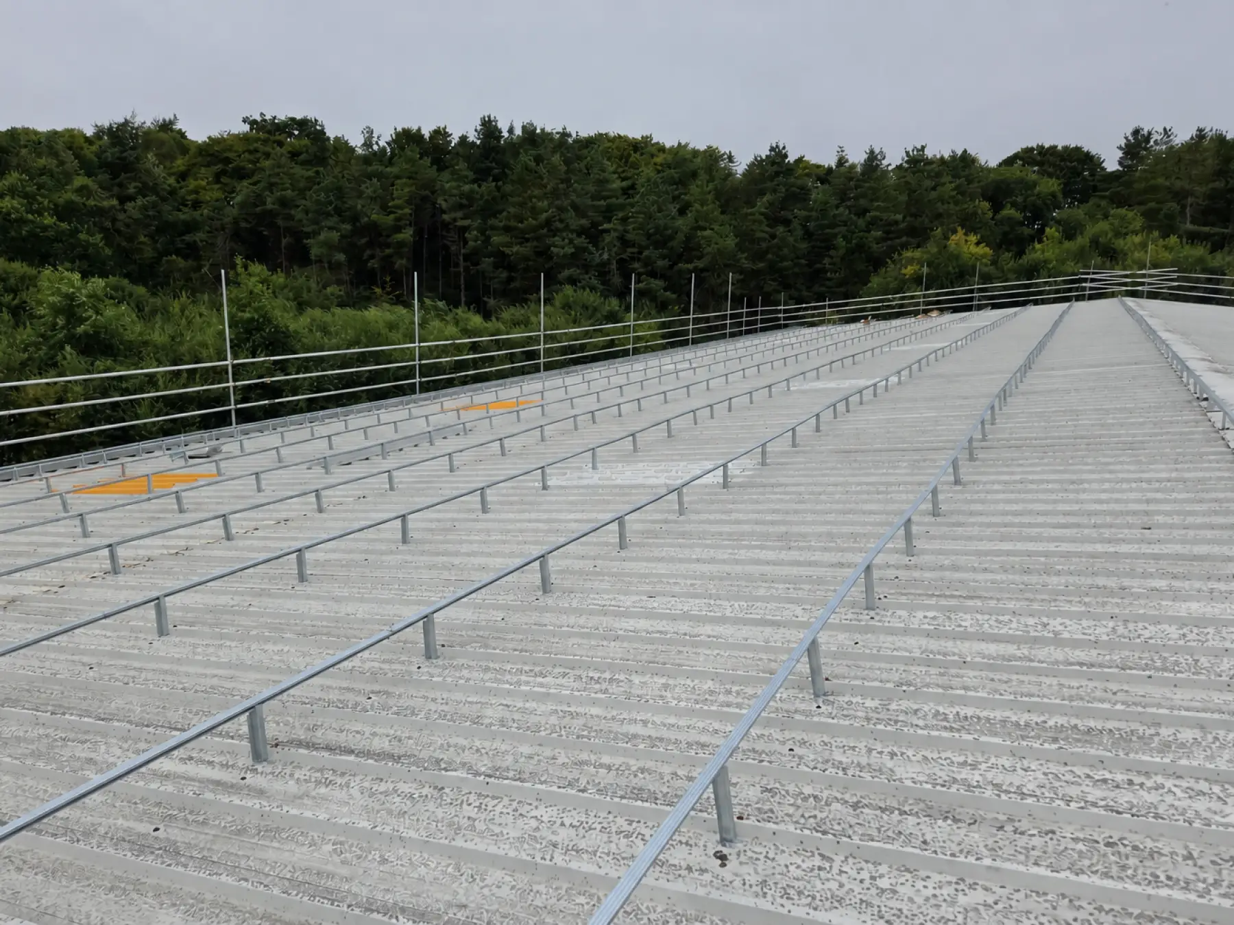 Metal roof of a large building with evenly spaced raised rails running parallel across the surface, bordered by safety railings, set against a backdrop of dense green trees under a cloudy sky.