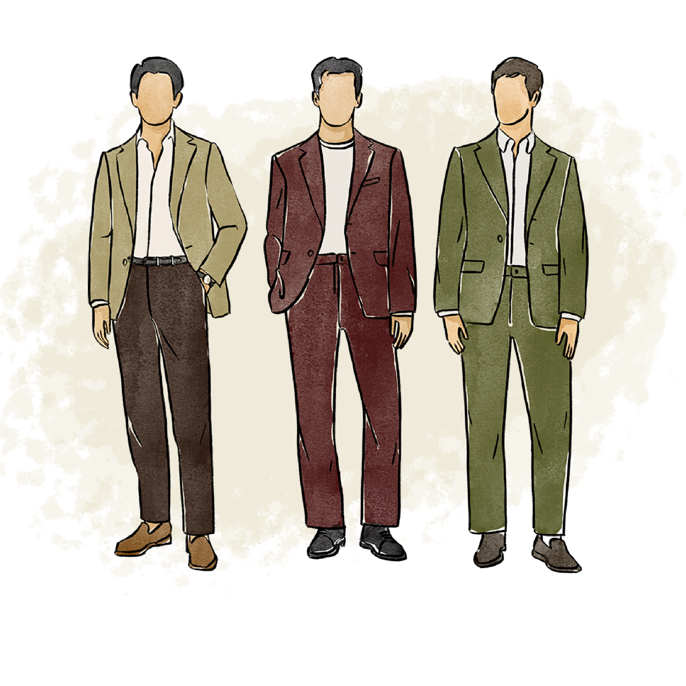 An illustration of three men in a semi-formal attire.