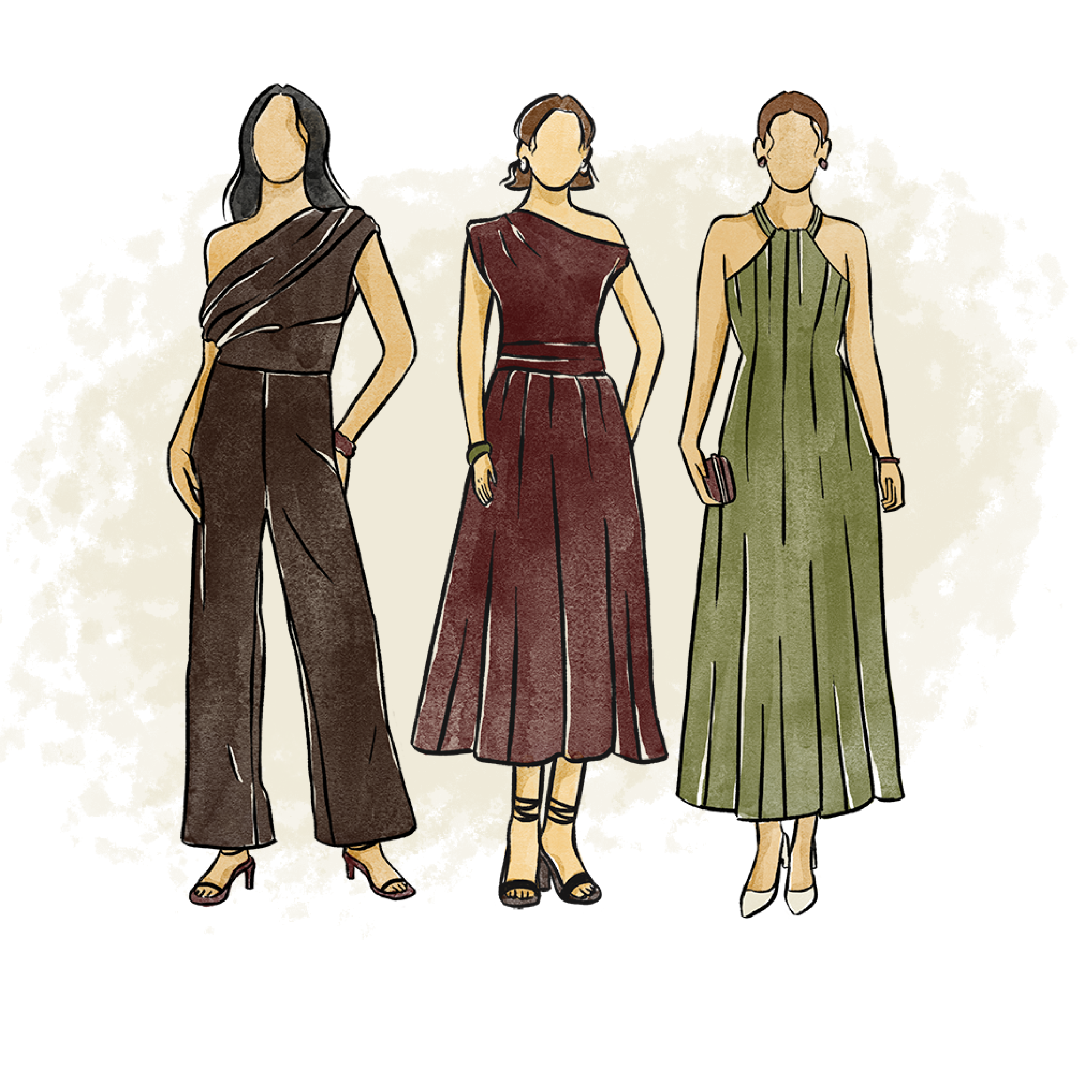 An illustration of three women in a semi-formal attire.