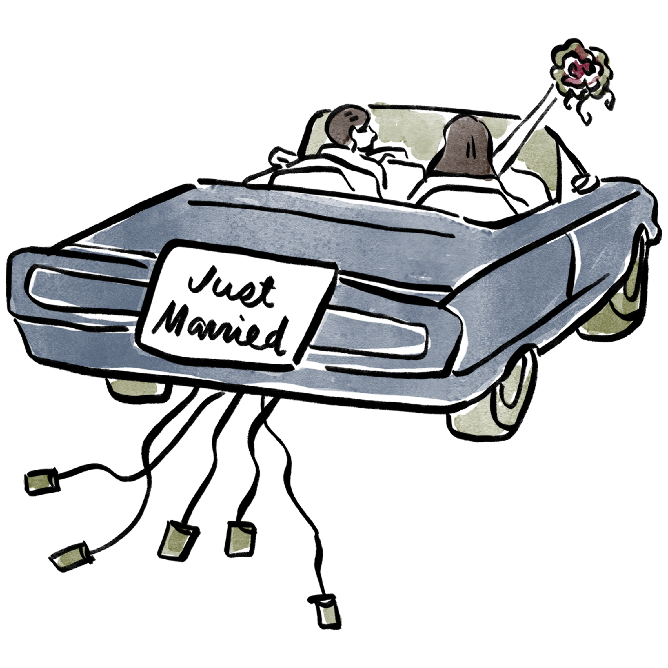 An illustration of a couple in "just married" car
