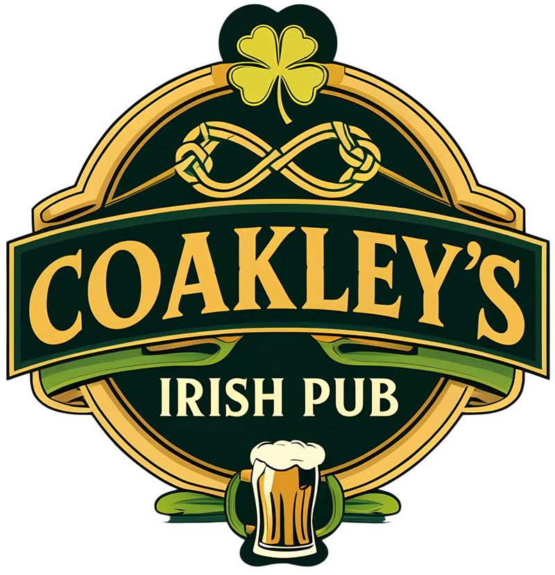 Coakley's Irish Pub logo consisting of the name, a glass of beer, and a four leaf clover. All encompassed in a circular emblem with Celtic embellishment.