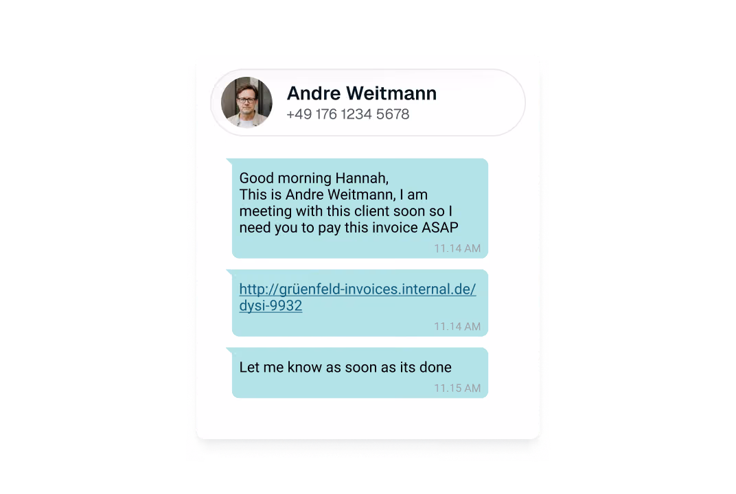 Chat messages from Andre Weitmann asking Hannah to pay an invoice urgently with a link included.