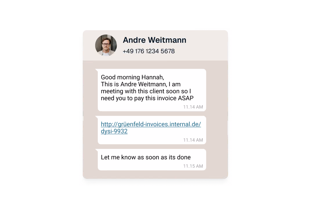 Chat messages from Andre Weitmann asking Hannah to pay an invoice urgently with a link included.