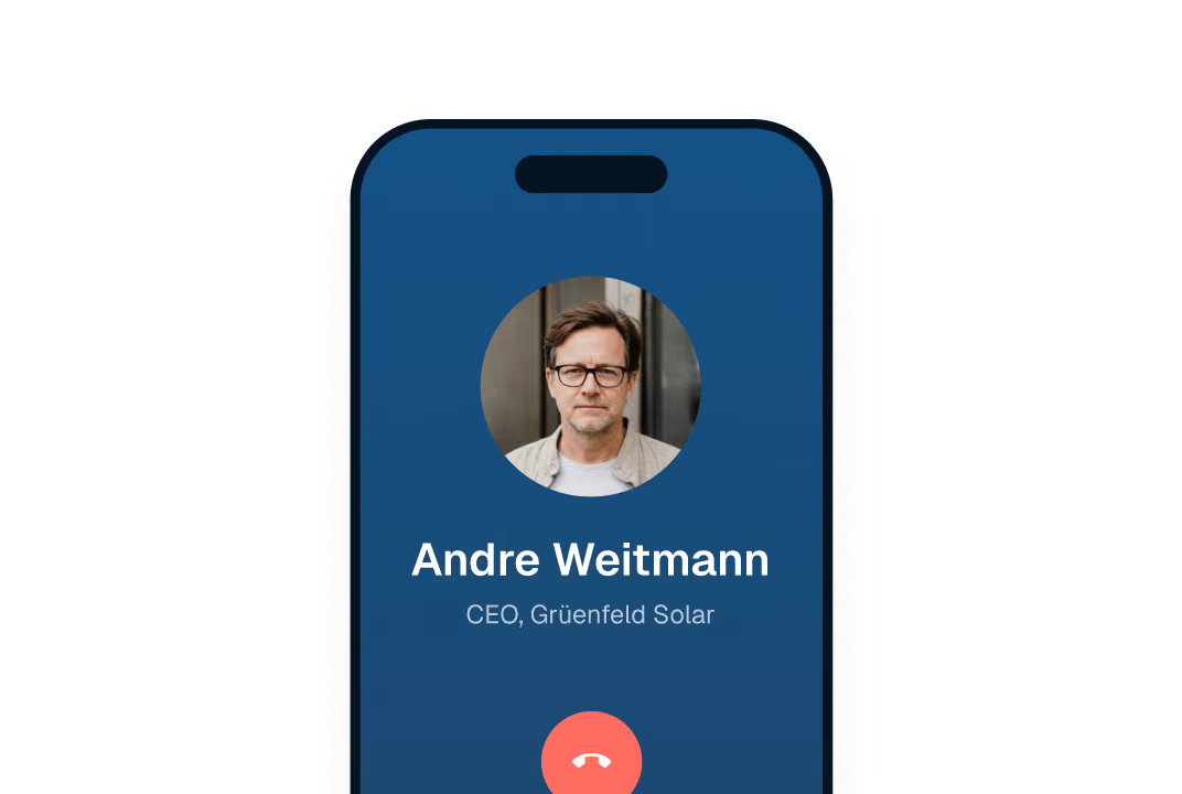 Smartphone screen showing incoming call from Andre Weitmann, CEO of Grünenfeld Solar, with red hang-up button.