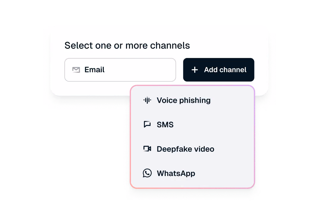 UI showing selected Email channel and button to add Voice phishing, SMS, Deepfake video, or WhatsApp channel.