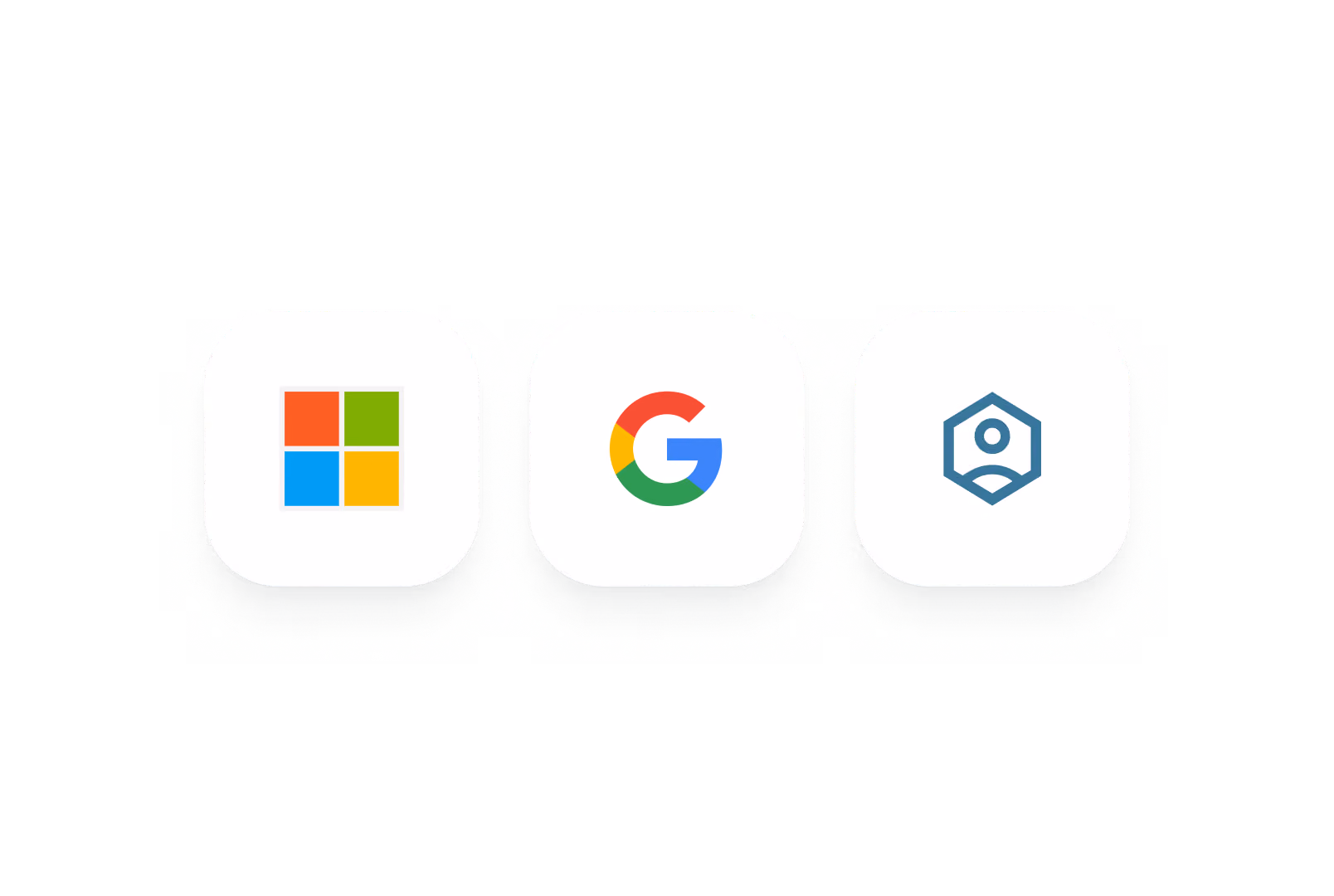 Icons of Microsoft, Google, and a hexagon-shaped logo in rounded white squares.