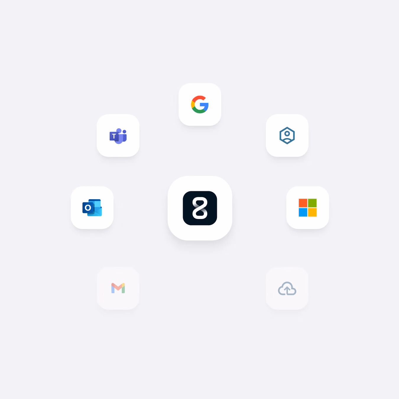 Central black app icon surrounded by Google, Microsoft, Outlook, Gmail, and other app logos on white.
