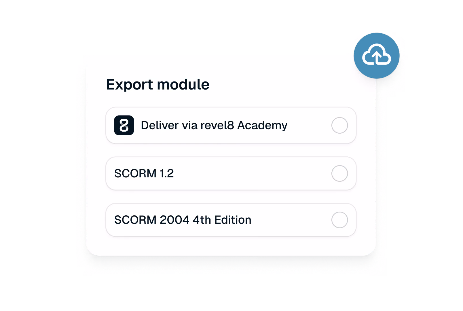 Export module options with deliver via revel8 Academy, SCORM 1.2, and SCORM 2004 4th Edition choices.