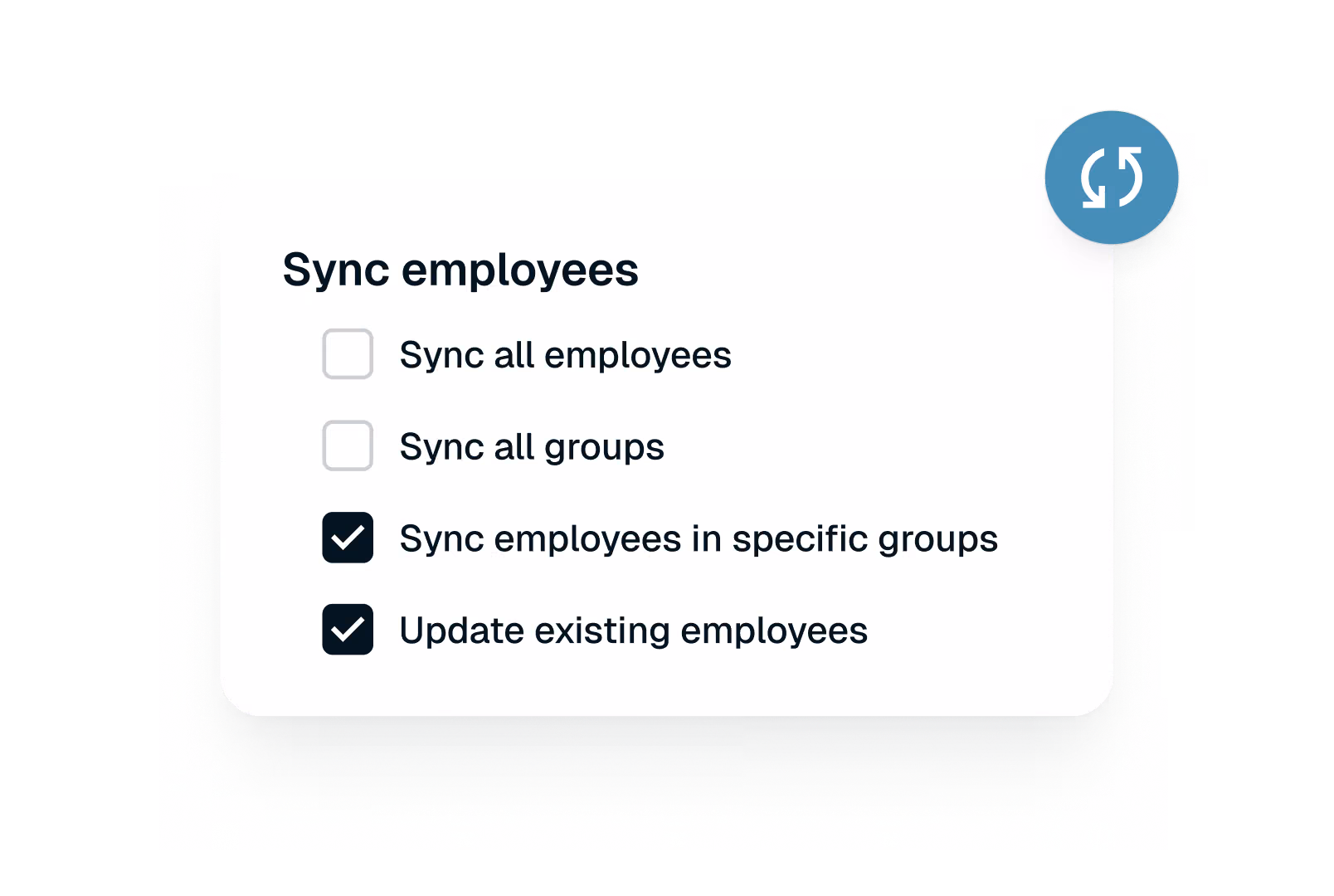 Sync employees options with checkboxes for syncing specific groups and updating existing employees selected.
