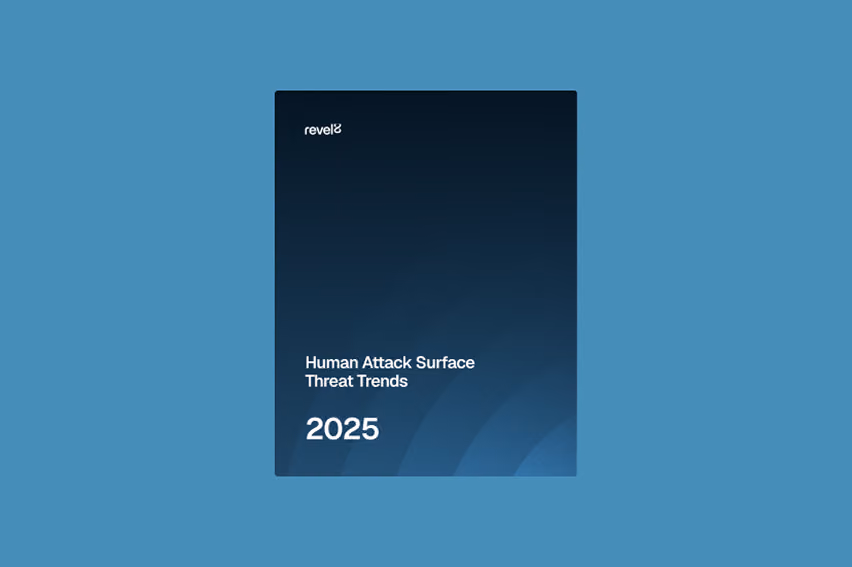 Dark square with text reading Human Attack Surface Threat Trends 2025 by Revel8 on blue background.