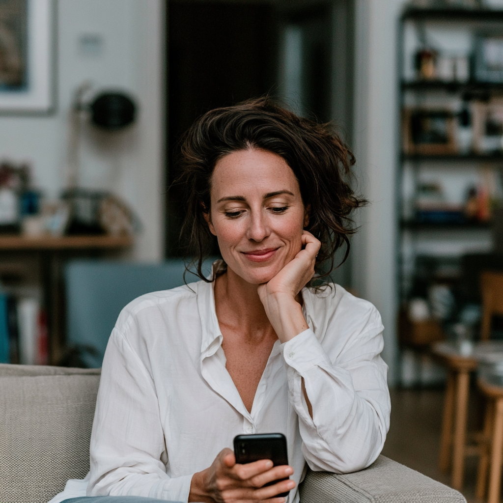 Woman in white shirt sitting on couch looking at her smartphone and smiling softly.