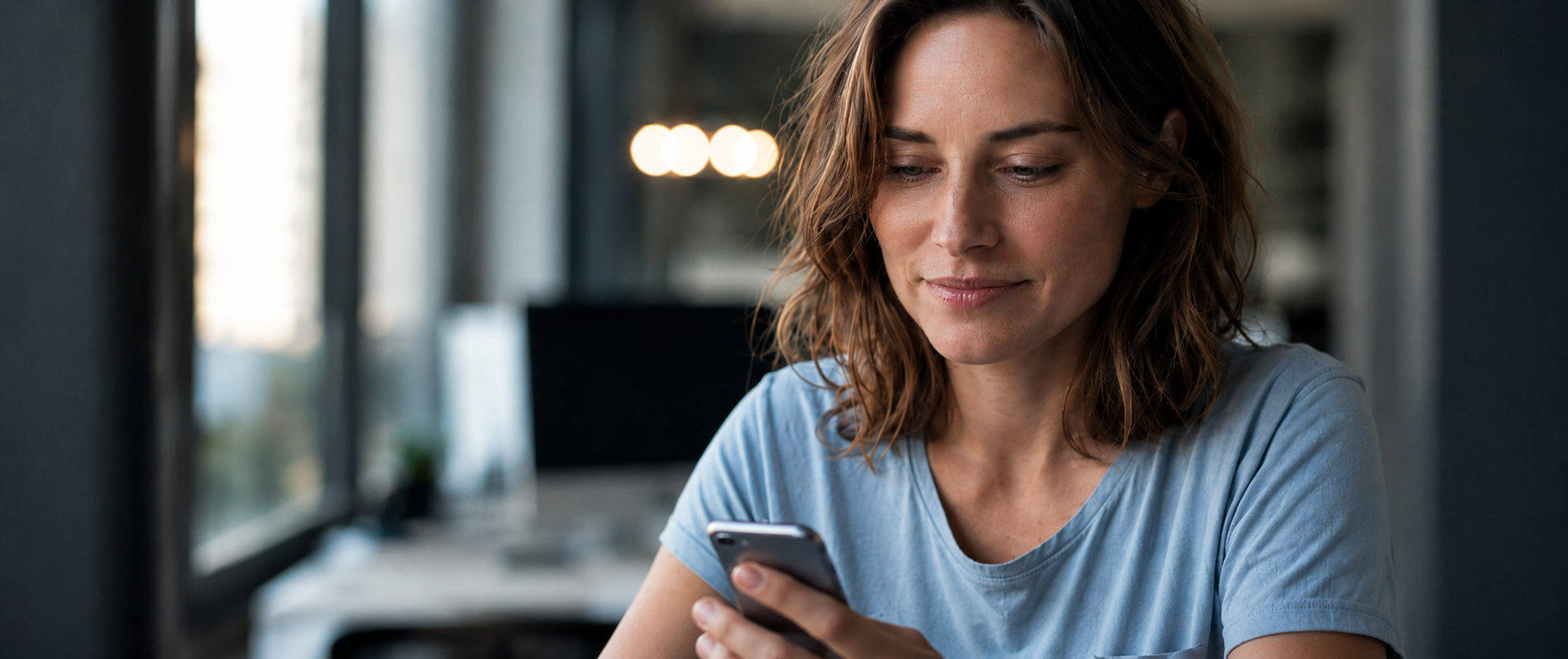 Woman in blue shirt looking at a smartphone with a slight smile in a blurred indoor setting.