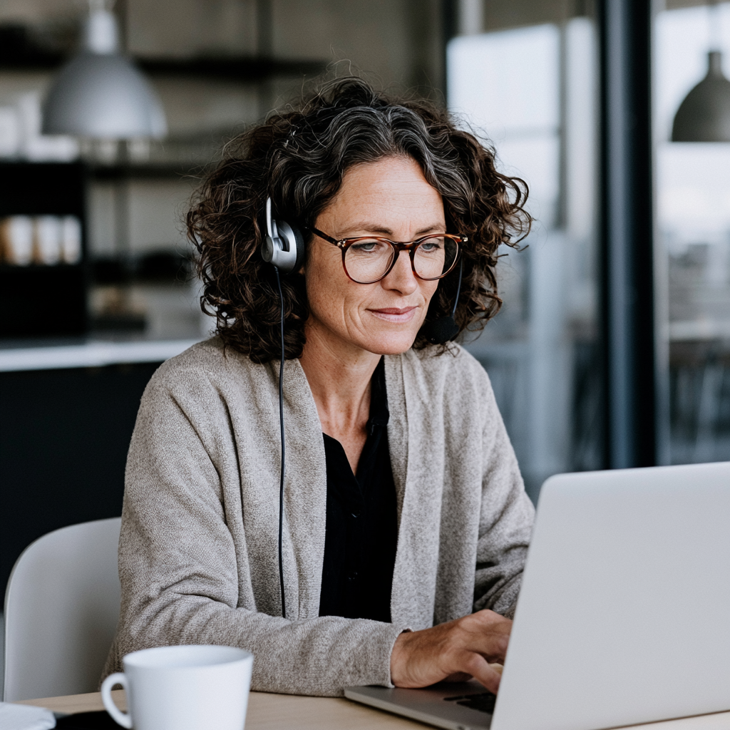 Woman with curly hair and glasses wearing headset, working on a laptop at a desk with a white mug.