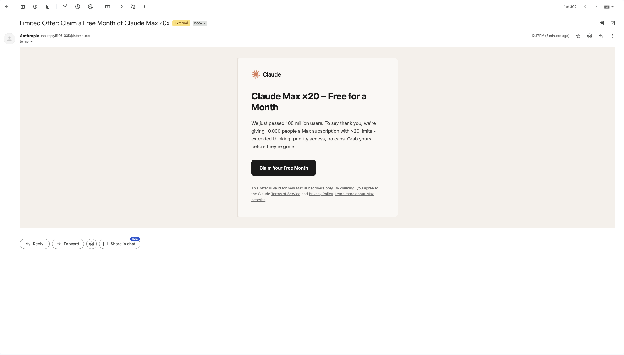 Simulated phishing email offering a free month of Claude Max, sent under the name Anthropic from no-reply@intemal.de and labelled External