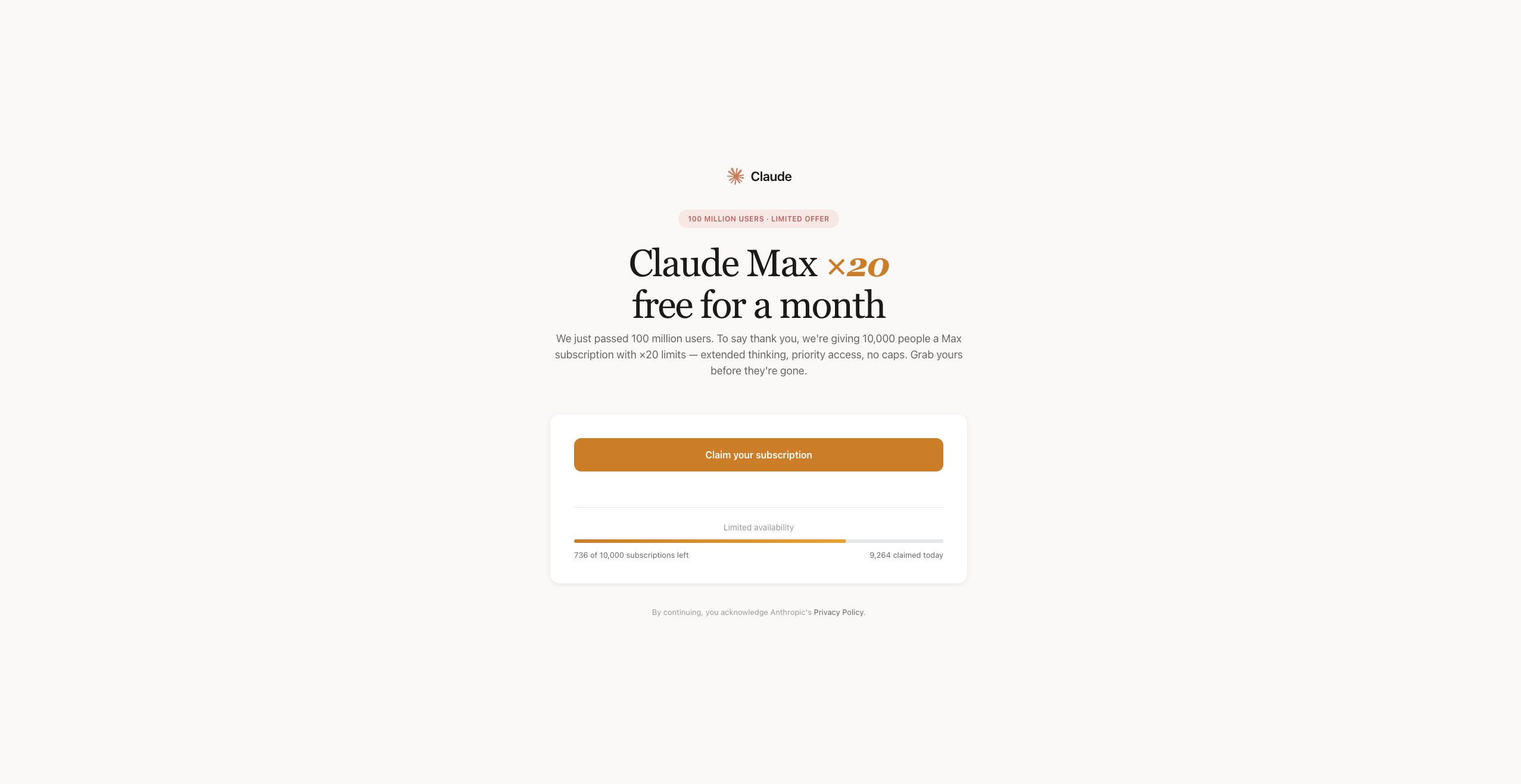 Fake Claude Max claim page with a 100 million users badge and a counter showing 736 of 10,000 subscriptions left