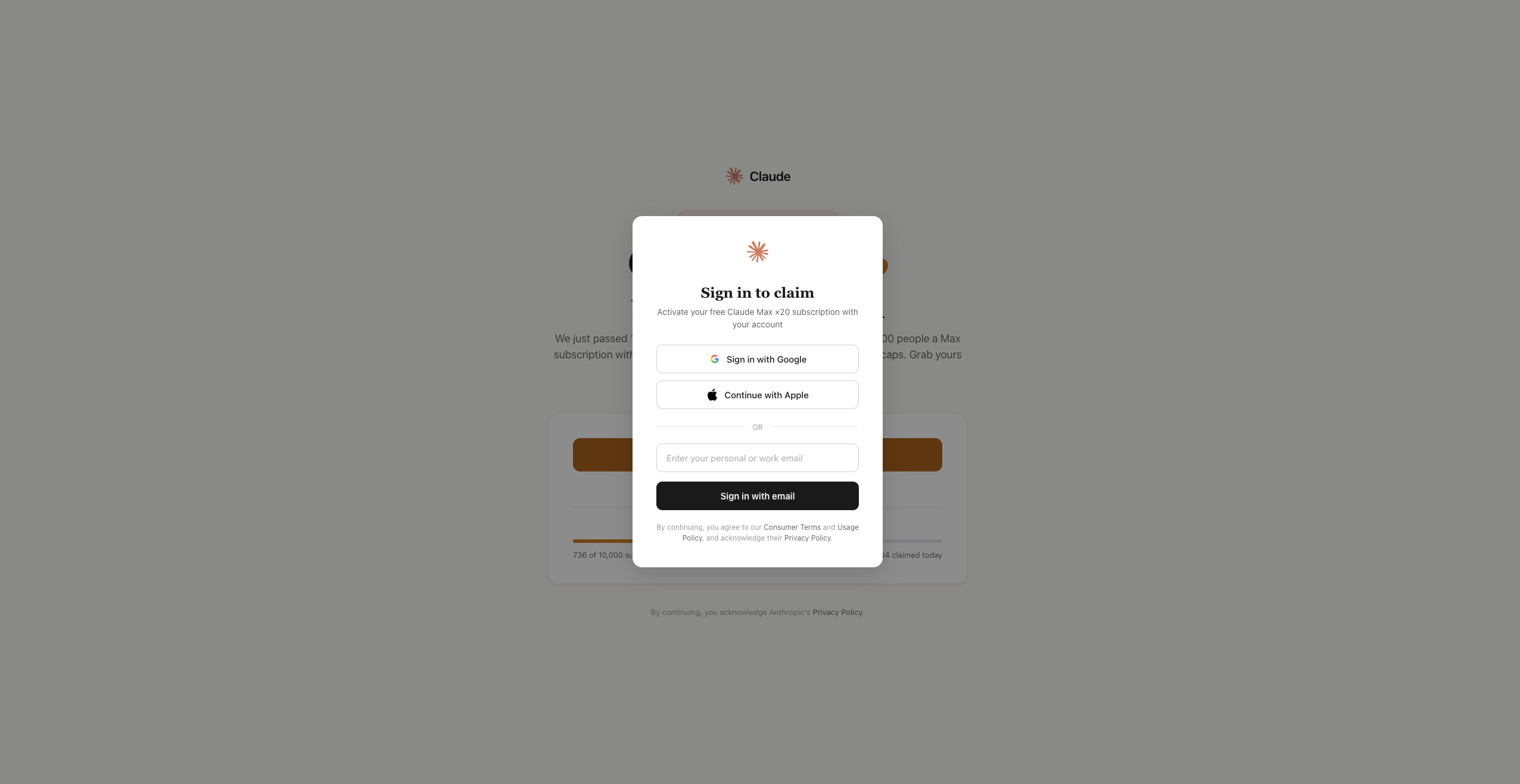 Fake "Sign in to claim" dialog offering Google, Apple and email sign-in on the Claude Max page