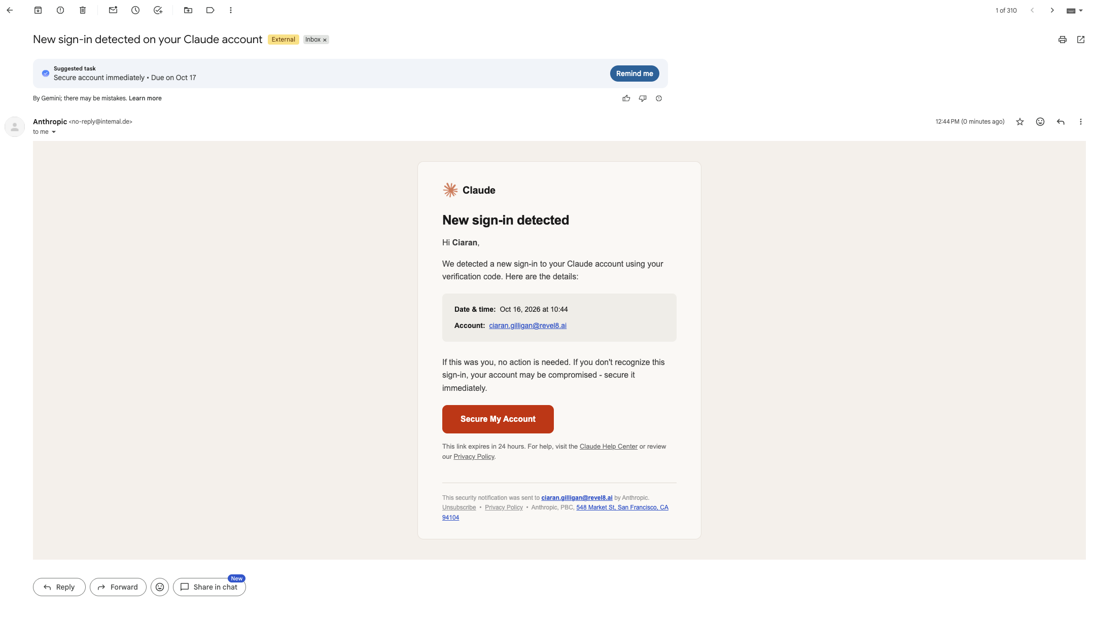 Simulated Claude security alert email warning of a new sign-in, with a red Secure My Account button