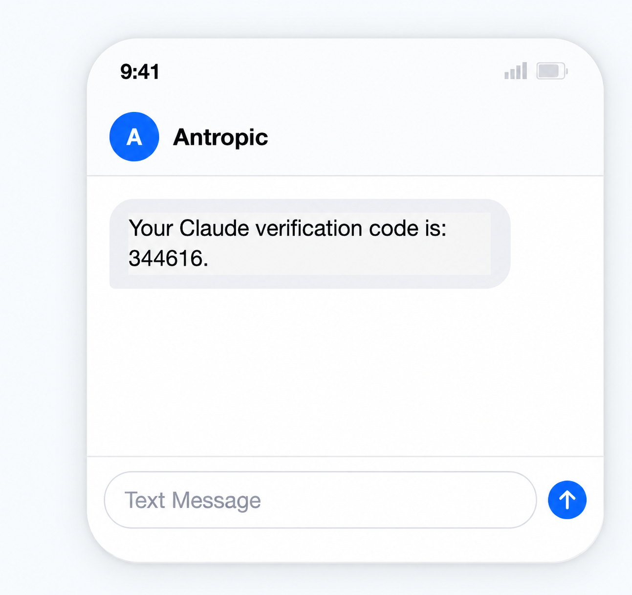 Text message from a sender shown as Antropic containing a six-digit Claude verification code