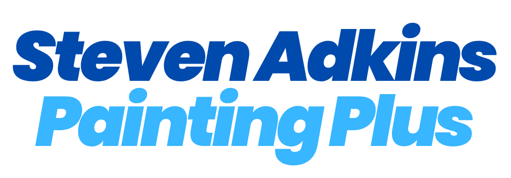 Steven Adkins Painting Plus logo in blue and light blue text on transparent background.