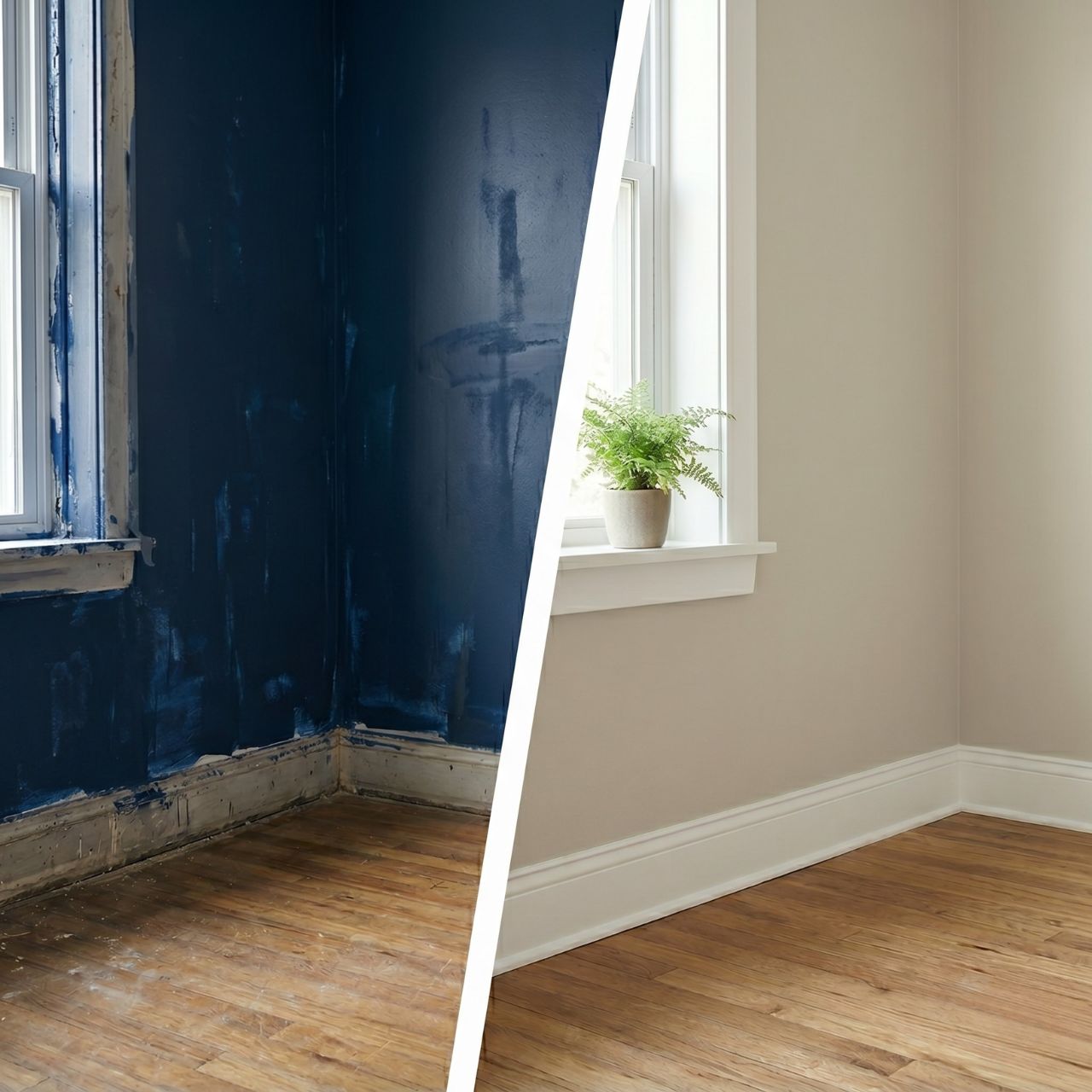 Split image showing a dark blue wall corner before and a clean beige wall corner with plant after painting.