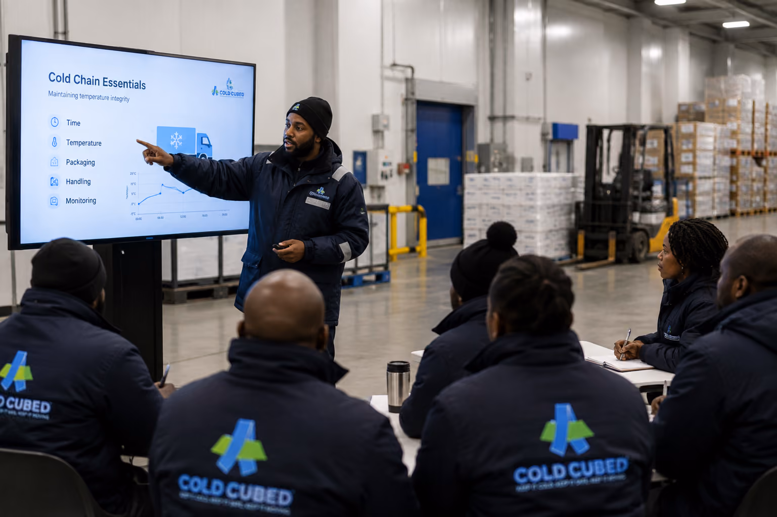 Trainer presenting temperature control to team