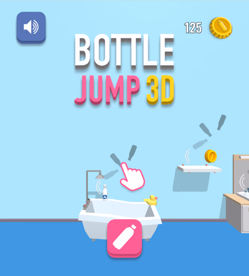 Bottle Jump 3D gameplay — a plastic bottle flipping onto a bathtub in a pastel bathroom