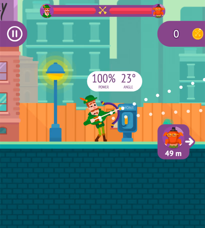 Bowmasters gameplay — an archer taking aim with power and angle indicators on a city street