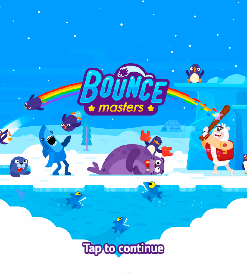 Bouncemasters title screen — penguins and a bear with a bat on an arctic landscape