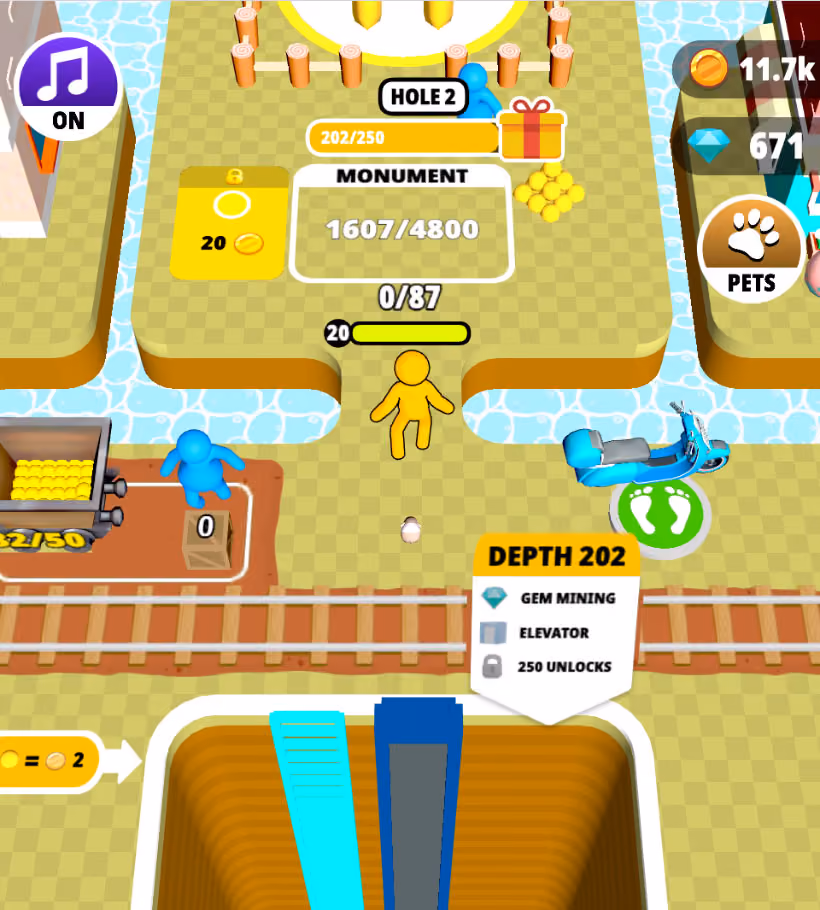 Dig Deep gameplay — isometric mine with an elevator shaft, cart of gold and depth counter